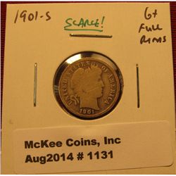 1131. 1901-S Barber Dime G+ full rims – SCARCE, KEY DATE!