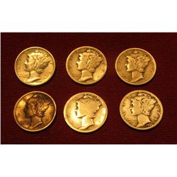 1134. 6 Mercury Dimes, circulated, 1917-S, 1923, 1926-S, 1935-D, 1941, 1945-S