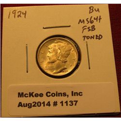 1137. 1924 Mercury Dime BU  MS64+ Full Split Bands toned