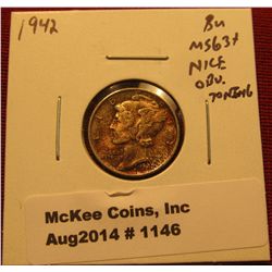 1146. 1942 P Mercury Dime BU  MS63+ nice obverse toning