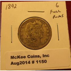 1150. 1892 P Barber Quarter G full rims