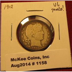 1158. 1912 P Barber Quarter VG toned