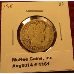 1161. 1915 P Barber Quarter VG