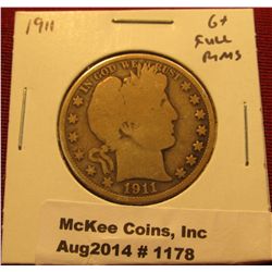 1178. 1911 P Barber Half Dollar G+ full rims