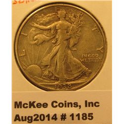 1185. 1938-D Walking Liberty Half Dollar XF, scarce, KEY DATE