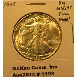 1193. 1945 P Walking Liberty Half Dollar BU  MS64+ Full Head