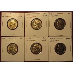 1252. 6 Jefferson Nickels – 1973 PD & 1974 PD, all BU ; 1973-S Proof & 1974-S Proof, part of set bre