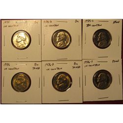 1253. 6 Jefferson Nickels – 1975 PD & 1976 PD, all BU ; 1975-S Proof & 1976-S Proof, part of set bre