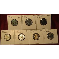 1254. 7 Jefferson Nickels – 1977 PD, 1978 PD and 1979, all BU ; 1977-S Proof & 1978-S Proof, part of