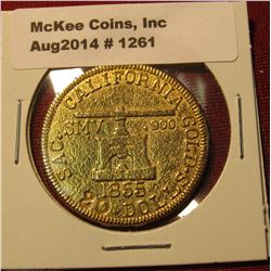 1261. Old copy of an 1855 Blake and Company Assayers $20 Gold piece – gold plated, not marked, for e