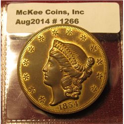 1266. Vintage “Kellogg & Co.” San Francisco, CA $20 Gold copy, stamped COPY, gold plated, well made,