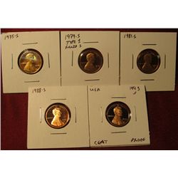 1329. 5 Proof Lincoln Memorial Cents – 1975-S, 1979-S type 1 filled S, 1981-S, 1988-S & 1993-S