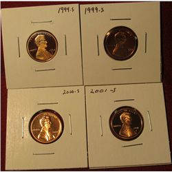 1330. 4 Proof Lincoln Memorial Cents – 1994-S, 1999-S, 2000-S & 2001-S