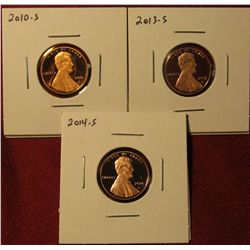 1333. 3 Proof Lincoln Shield Cents – 2010-S, 2013-S & 2014-S