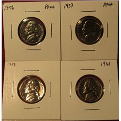 1336. 4 Proof Jefferson Nickels – 1956 P, 1957 P, 1958 P & 1961 P