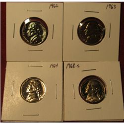 1337. 4 Proof Jefferson Nickels – 1962 P, 1963 P, 1964 P & 1968-S