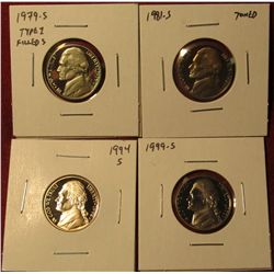 1338. 4 Proof Jefferson Nickels – 1979-S type 1 filled S, 1981-S, 1994-S & 1999-S