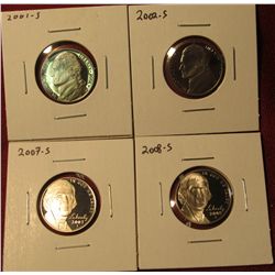 1339. 4 Proof Jefferson Nickels – 2001-S, 2002-S, 2007-S, & 2008-S