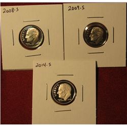 1342. 3 Proof Roosevelt Dimes –2008-S, 2009-S & 2014-S