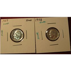 1346. 2 Proof SILVER Roosevelt Dimes – 1957 P & 1958 P