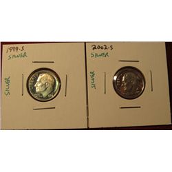 1347. 2 Proof SILVER Roosevelt Dimes – 1999-S & 2002-S