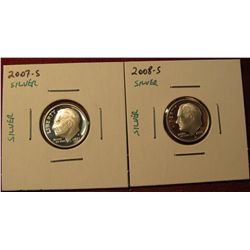 1348. 2 Proof SILVER Roosevelt Dimes – 2007-S & 2008-S