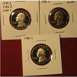1350. 3 Proof Washington Quarters – 1979-S type 1 filled S, 1981-S & 1986-S