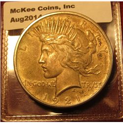 1368. 1921 Peace Silver Dollar AU toned, nice high relief coin, scarce key date