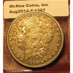 1397. 1890-CC Morgan Silver Dollar VF details, graffiti on obverse – “3-2-44 VIOLET” – probable WWII