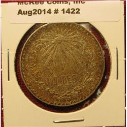 1422. 1932 Mexico Silver One Peso coin, AU with nice gold and orange toning