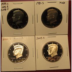 1434. 4 Proof Kennedy Halves – 1979-S type 1 filled S, 1981-S toned, 2000-S & 2007-S