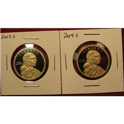 1452. 2 Proof Sacagawea Dollars – 2013-S & 2014-S