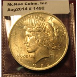1492. 1922 P Peace Silver Dollar BU  golden toned