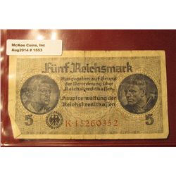 1553. 1939-45 World War II Reich's Credit Treasury Note. Pick # R138. 5 Reichsmark. 8 digit serial n