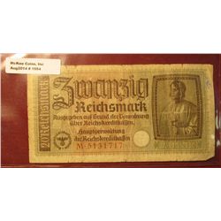 1554. 1939-45 World War II Reich's Credit Treasury Note. Pick # R139. 20 Reichsmark. Depicts  The Ar