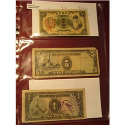 1558. Korea 1944 & (2) Japanese Occupation of World War II Philippines bank notes.