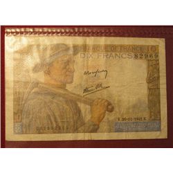 1559. 1942 World War II France 10 Francs Bank Note. Depicts Farmer and Wife.