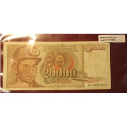 1564. 1987 Yugoslavia 20,000 Dinara Bank note.