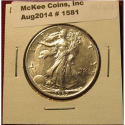 1581. 1937 P Walking Liberty Half Dollar. AU 53.