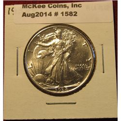 1582. 1938 P Walking Liberty Half Dollar. AU 58.