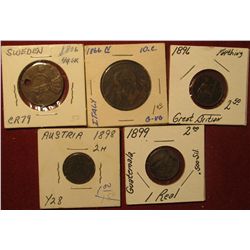 1589. 1806 Sweden 1/4 Skilling holed; 1866 Italy 10c; 1896 Great Britain Farthing; 1898 Austria 2 He