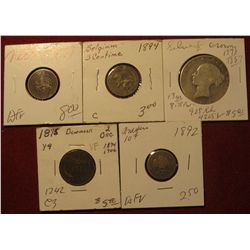 1592. 1892 Mexico Silver .10c; 1875 Denmark 2 Ore; (1839-1887) Great Britain Silver Half Crown; 1894