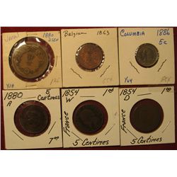 1596. 1880 Japan 2 Sen; 1863 Belgium 2c; 1886 Columbia 5c; 1880A France 5c; 1854W France 5c; & 1854D