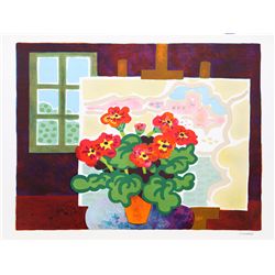 Guy Charon, Red Flowers With Painting, Lithograph