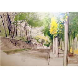 Houshang Seyhoun, City Park Landscape, Watercolor Painting