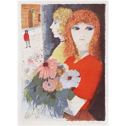 Charles Levier, Woman with Bouquet 1, Lithograph