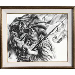 Virginia Dan, Bagpipers, Charcoal Drawing