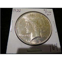 1922 Peace Silver Dollar "AU" VAM-1G Die Break Top Hair Strand (Slanted die break thru last two rays