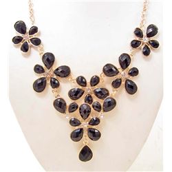 BLACK RHINESTONE FLOWER PETALS ESTATE JEWELRY NECKLACE