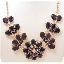 BLACK RHINESTONE FLOWERS ESTATE JEWELRY NECKLACE